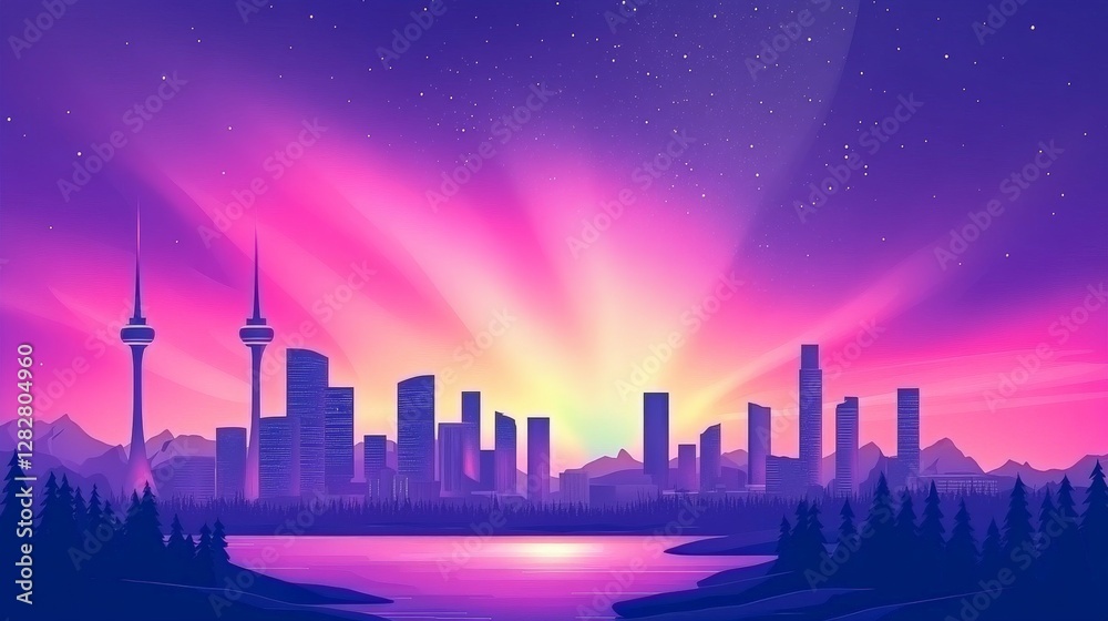 Fototapeta premium Vibrant Aurora Borealis Over Urban Landscape Illustration