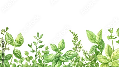 Wallpaper Mural Watercolor painting of various herbs and plants forming a vibrant green border, perfect for culinary, gardening, or botanical designs. Torontodigital.ca