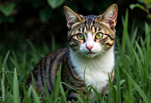 Green-Eyed Tabby Cat in Tall Grass Shadows
