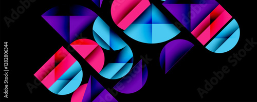 Abstract geometric background with layered gradient shapes forming dynamic patterns. Overlapping semi circles and triangles create depth and contrast