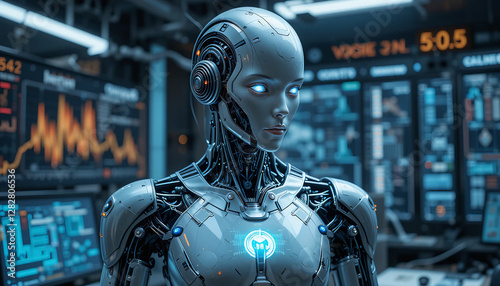 Futuristic AI Humanoid Robot: Data Analysis in a High-Tech Control Room