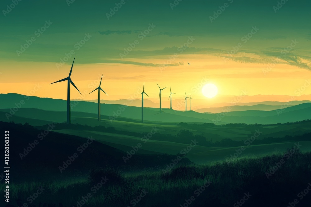 A wind farm at sunrise, with turbines silhouetted against a glowing horizon, surrounded by lush green hills A wind farm at sunrise, with turbines silhouetted against a glowing horizon, surrounded by lush green hills