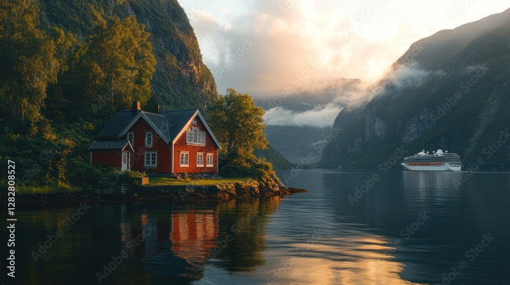 Fototapeta premium Red cabin fjord sunrise cruise ship reflection