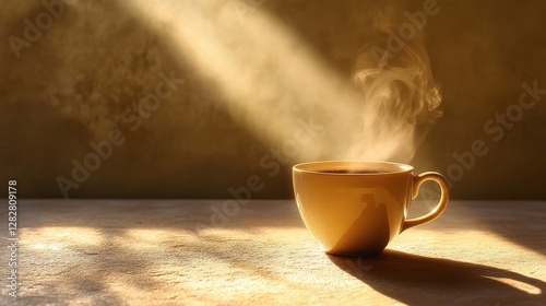 A steaming coffee cup, bathed in the warm glow of the midday sun, rests on a textured surface, where light and shadow dance in a captivating interplay, creating a sense of tranquility and inviting