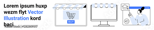 Shopping cart on device, e-learning platform, store design elements. Ideal for e-commerce, education, online marketing, social media, business growth, internet communication flat landing page banner