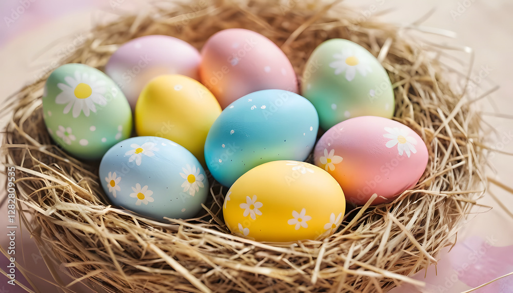 Beautifully decorated Easter eggs in a straw nest with a pastel color palette Beautifully decorated Easter eggs in a straw nest with a pastel color palette