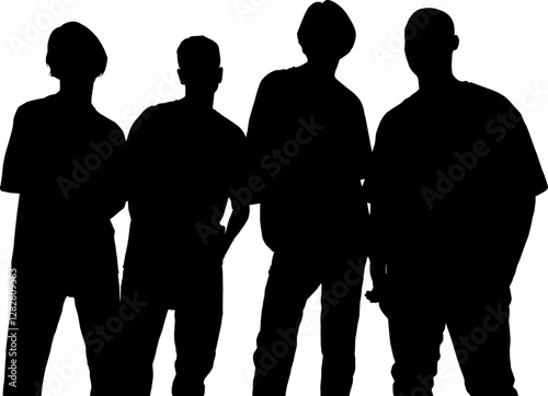 Silhouette vector of a group of four people standing closely together in casual poses, showing diverse human figures with different hairstyles and relaxed postures.