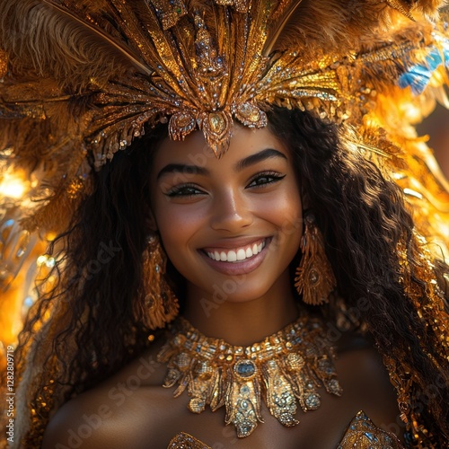 A vibrant carnival performer with a radiant smile, wearing a dazzling feathered headdress and golden dress.