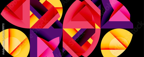 Abstract geometric artwork with interwoven angular and curved shapes, dynamic composition with smooth gradients and bold contrasts