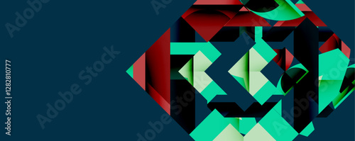 Abstract geometric composition with interlocking circular and angular shapes, featuring smooth gradients and sharp contrasts on a white background
