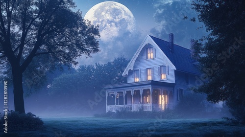 Moonlit Victorian House, Night, Foggy Landscape, Mystery photo