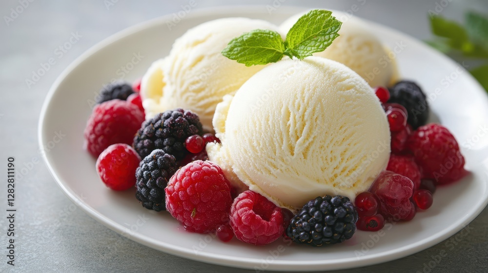 A symphony of flavors unfolds on a pristine white plate: creamy vanilla ice cream, adorned with plump, vibrant berries and a sprig of fragrant mint, creating a visually stunning and delectable A symphony of flavors unfolds on a pristine white plate: creamy vanilla ice cream, adorned with plump, vibrant berries and a sprig of fragrant mint, creating a visually stunning and delectable