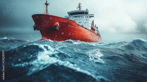 Red cargo ship in stormy ocean waves