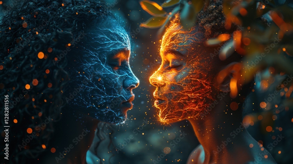 A symbolic image showing two human profiles blended with a tree, split into day and night, representing balance, duality, and connection to nature.