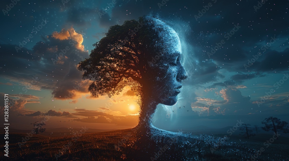 A symbolic image showing two human profiles blended with a tree, split into day and night, representing balance, duality, and connection to nature.