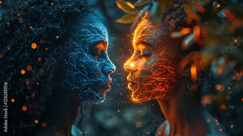 Obraz na płótnie A symbolic image showing two human profiles blended with a tree, split into day and night, representing balance, duality, and connection to nature. w salonie