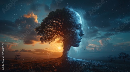 Obraz na płótnie A symbolic image showing two human profiles blended with a tree, split into day and night, representing balance, duality, and connection to nature. w salonie
