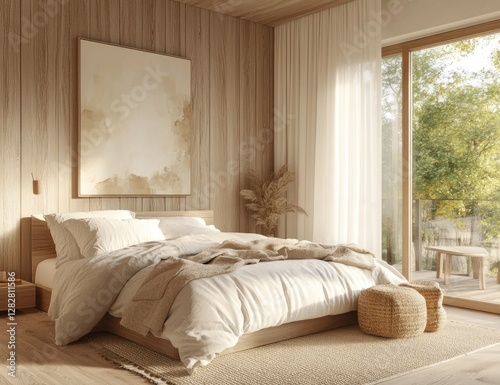 Calm bedroom design, wooden walls, sunlit garden view, serene atmosphere, home decor