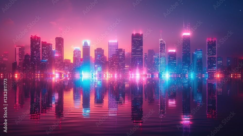 A vibrant neon cityscape with glowing grid-like skyscrapers reflected on a dark surface, symbolizing futuristic urban design and technology.