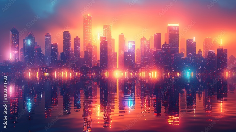 A vibrant neon cityscape with glowing grid-like skyscrapers reflected on a dark surface, symbolizing futuristic urban design and technology.
