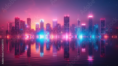 Obraz na płótnie A vibrant neon cityscape with glowing grid-like skyscrapers reflected on a dark surface, symbolizing futuristic urban design and technology. w salonie