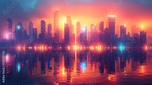 Obraz na płótnie A vibrant neon cityscape with glowing grid-like skyscrapers reflected on a dark surface, symbolizing futuristic urban design and technology. w salonie