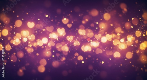 Soft glowing heart bokeh, romantic background, blurred lights, golden and purple hues, Valentine's Day theme, dreamy atmosphere, out of focus hearts, shimmering effect, warm tones, abstract love conce