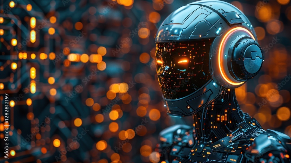AI assistant head with headphones on a dark circuit board background.