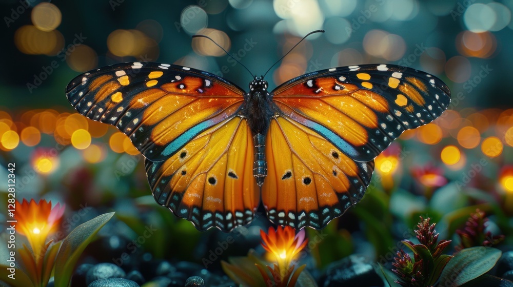 Colorful painted butterfly with wings spread out flying, Generative AI illustration.