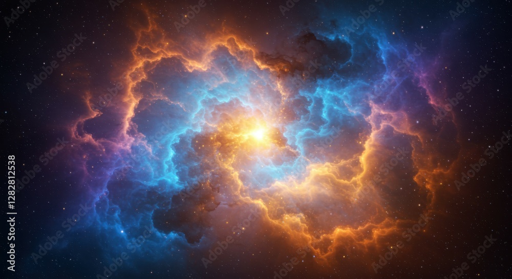 Fototapeta premium cosmic nebula, vibrant colors, swirling gases, glowing core, celestial explosion, blue and orange hues, stellar nursery, space phenomenon, ethereal light, astronomical wonder, high-resolution, photore