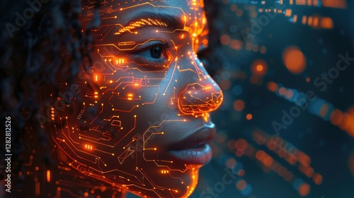 Obraz na płótnie Digital profile of human face with glowing circuit patterns, representing artificial intelligence and technological integration. w salonie