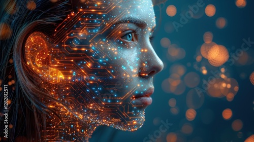 Obraz na płótnie Digital profile of human face with glowing circuit patterns, representing artificial intelligence and technological integration. w salonie