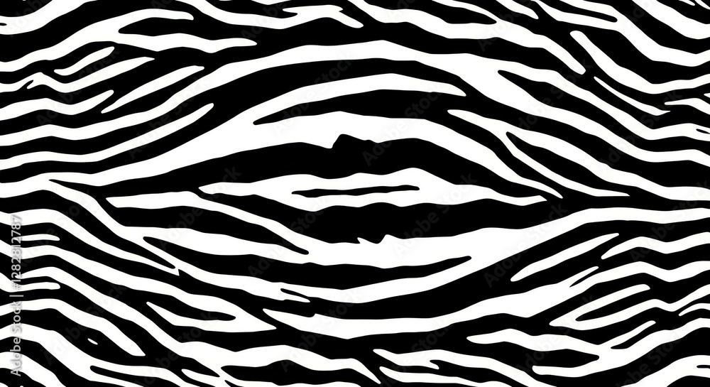 Obraz premium zebra print, black and white stripes, animal pattern, wavy lines, abstract design, high contrast, organic shapes, seamless pattern, textile design, optical illusion, graphic art, repetitive pattern, m