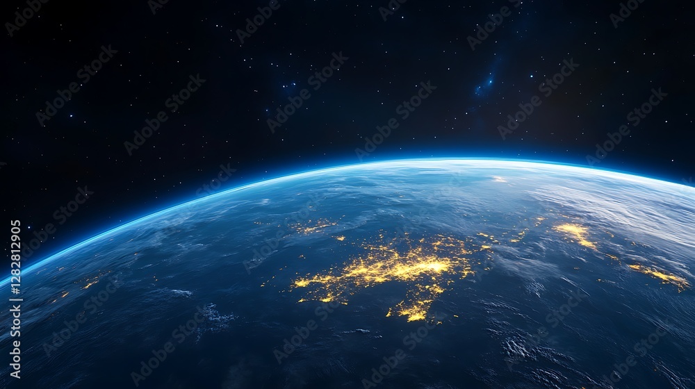 Obraz premium Earth at night from space, showing city lights and the curve of the planet.
