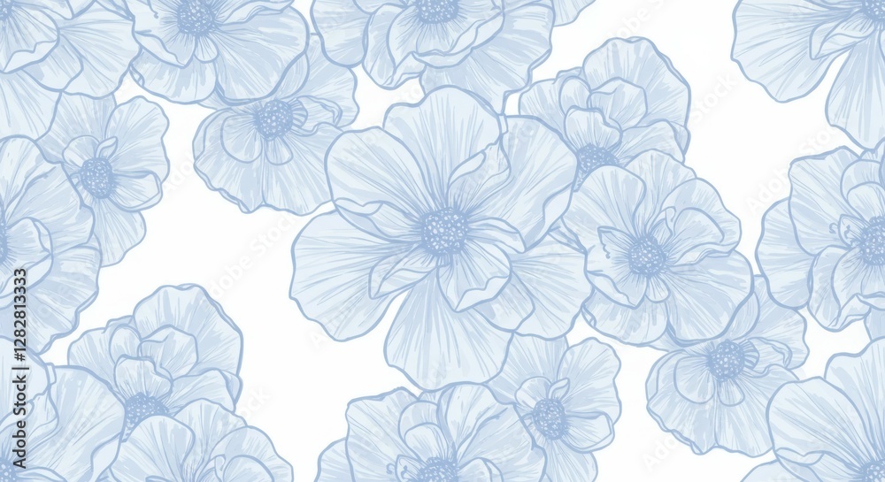 Delicate floral pattern, pastel blue and white, overlapping petals, soft watercolor effect, vintage wallpaper design, seamless repeat, subtle shading, botanical illustration style, dreamy atmosphere, Delicate floral pattern, pastel blue and white, overlapping petals, soft watercolor effect, vintage wallpaper design, seamless repeat, subtle shading, botanical illustration style, dreamy atmosphere,