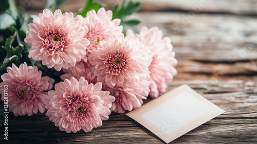 A soft, golden light bathed a wooden table, revealing a vibrant bouquet of pink chrysanthemums, their petals softly unfurling like miniature fireworks, while a delicate blank card, a silent