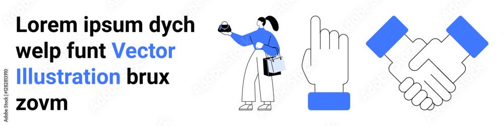 Businesswoman holding a briefcase and takeaway coffee, pointing hand gesture, handshake as partnership icon. Ideal for teamwork, collaboration, networking, agreements, partnerships, business deals Businesswoman holding a briefcase and takeaway coffee, pointing hand gesture, handshake as partnership icon. Ideal for teamwork, collaboration, networking, agreements, partnerships, business deals