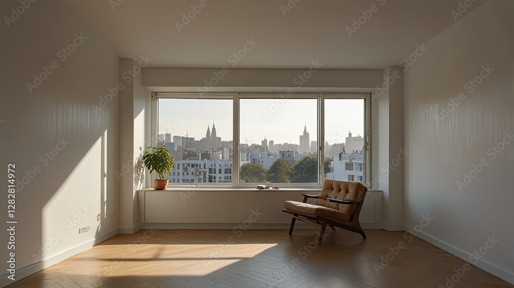 Fototapeta premium Spacious apartment features large windows showcasing a breathtaking skyline allowing warm sunlight to fill the room and provide a serene atmosphere