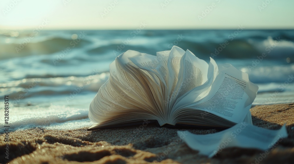 An open book resting on a sandy beach, with gentle waves lapping at its pages. An open book resting on a sandy beach, with gentle waves lapping at its pages.