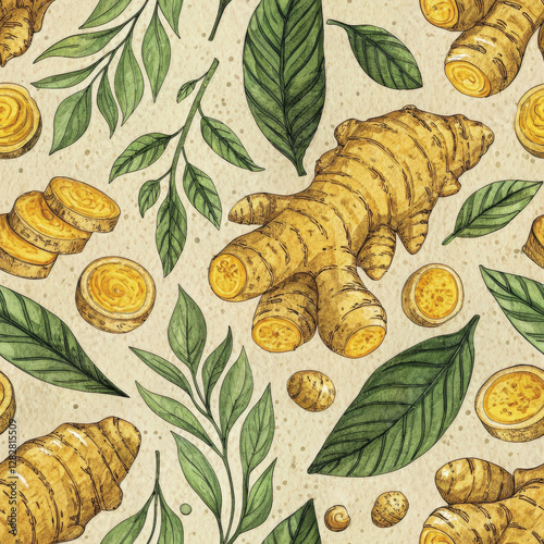 vibrant repeating pattern featuring sliced ginger, turmeric, and green leaves, evoking fresh and natural feel