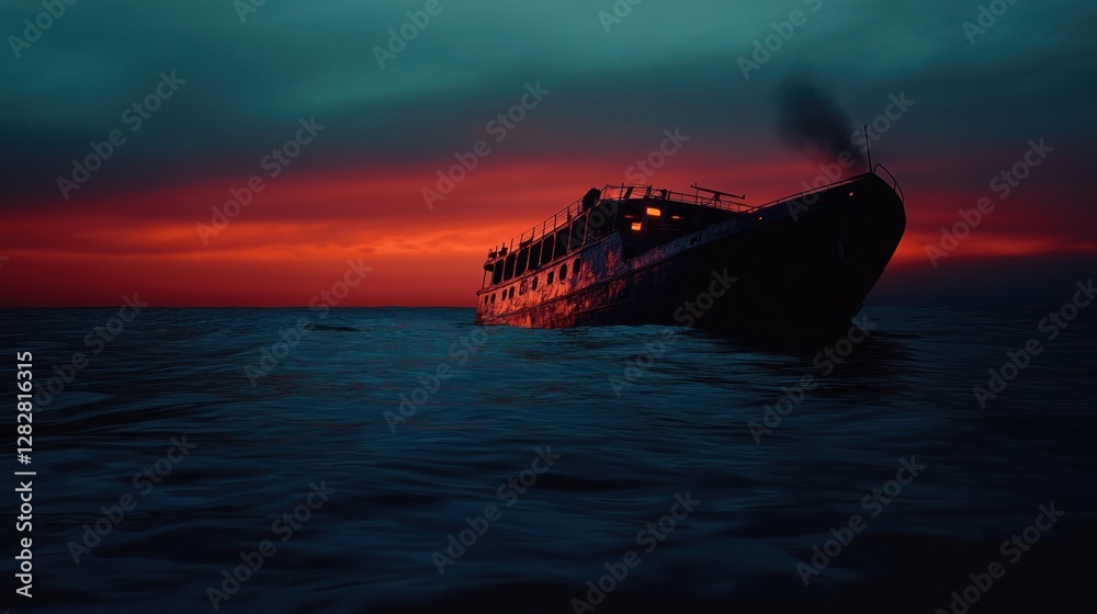 Fototapeta premium Abandoned ship at sea, dramatic sunset, dark ocean