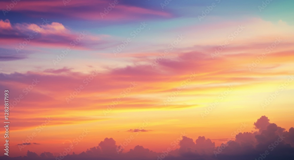Fototapeta premium Vibrant sunset sky, Colorful gradient horizon, Silhouetted mountain ranges, Dreamy pastel colors, Layered landscape, Tranquil evening scene, Ethereal cloudscape, Soft painterly effect, Atmospheric per