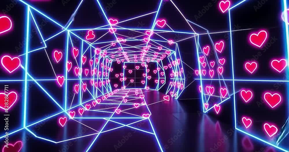 Neon heart tunnel, abstract, 3D,  virtual space, for digital art, background