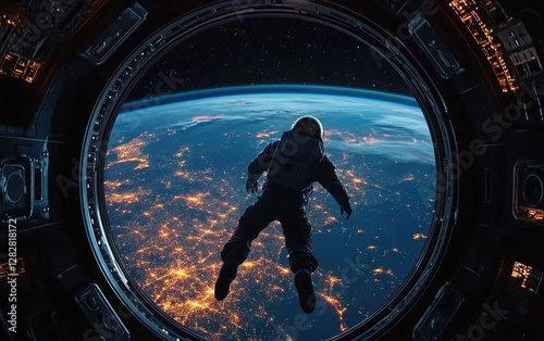 Astronaut spacewalk, Earth view, night lights, spaceship window, science fiction