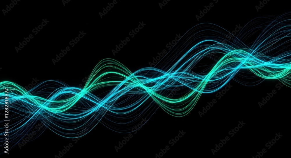 Naklejka premium audio waveform, neon blue, electric, oscilloscope display, digital sound visualization, glowing energy, black background, horizontal line, dynamic waves, electronic music, synthetic, futuristic, abstr