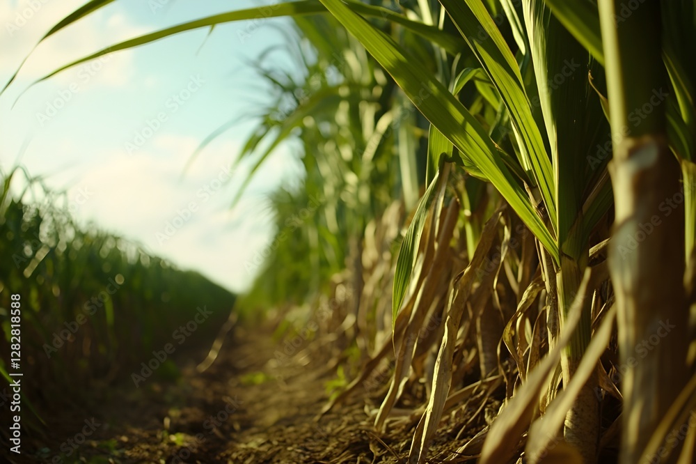 Fototapeta premium A view of a sugarcane field with a tall, thick cane structure, a thin bark-like layer, fresh green foliage, showing the power of this plant in producing sweet natural sugar