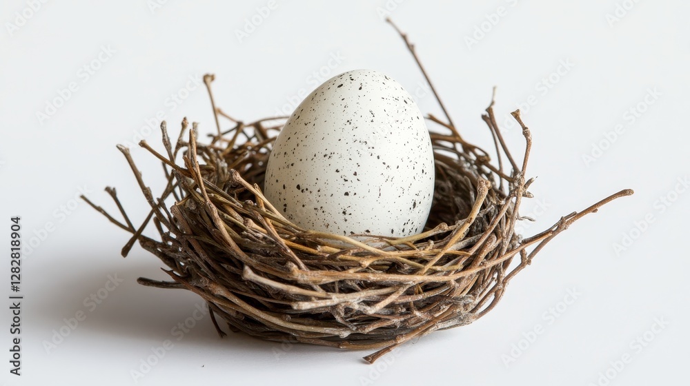 Obraz premium A pristine white speckled egg nestled within a delicate twig nest, crafted with meticulous care and nestled against a pristine white background, symbolizing new beginnings and purity in nature is