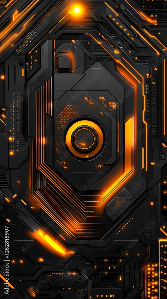 Fototapeta premium Tech circuit panel glows with orange light