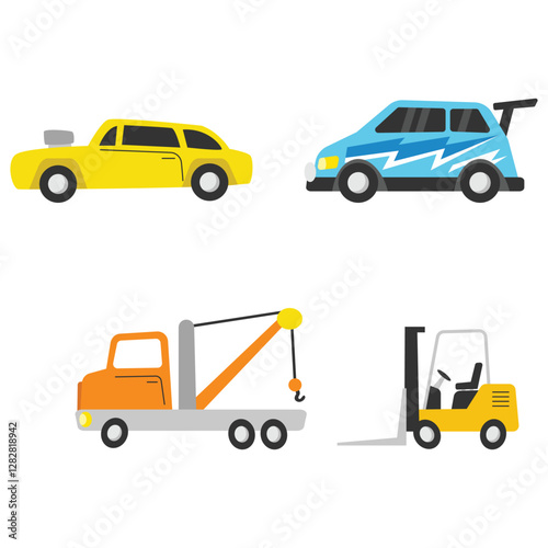 Yellow car, blue car, tow truck, and forklift in a parking lot. Perfect for transportation, towing services, or automotive industry concept.