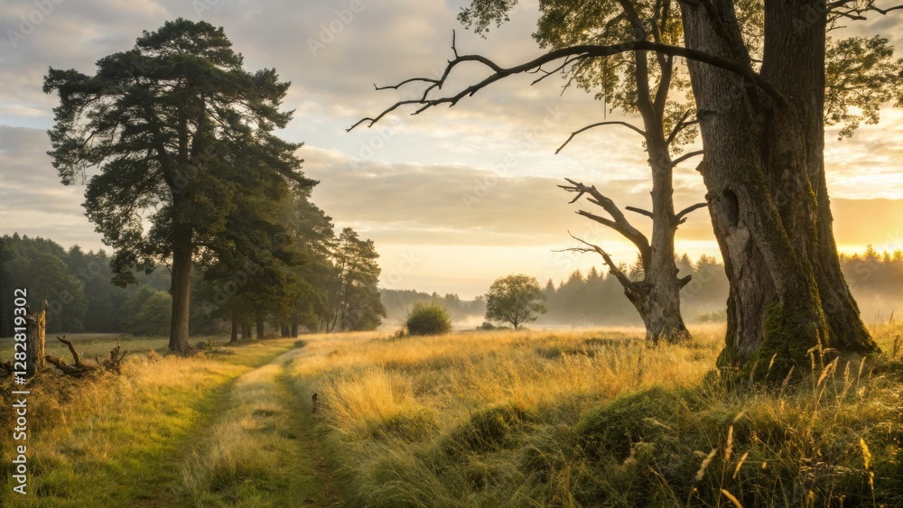 A serene landscape featuring tall trees, a winding path, and golden light filtering through the mist at dawn, creating a peaceful atmosphere. A serene landscape featuring tall trees, a winding path, and golden light filtering through the mist at dawn, creating a peaceful atmosphere.